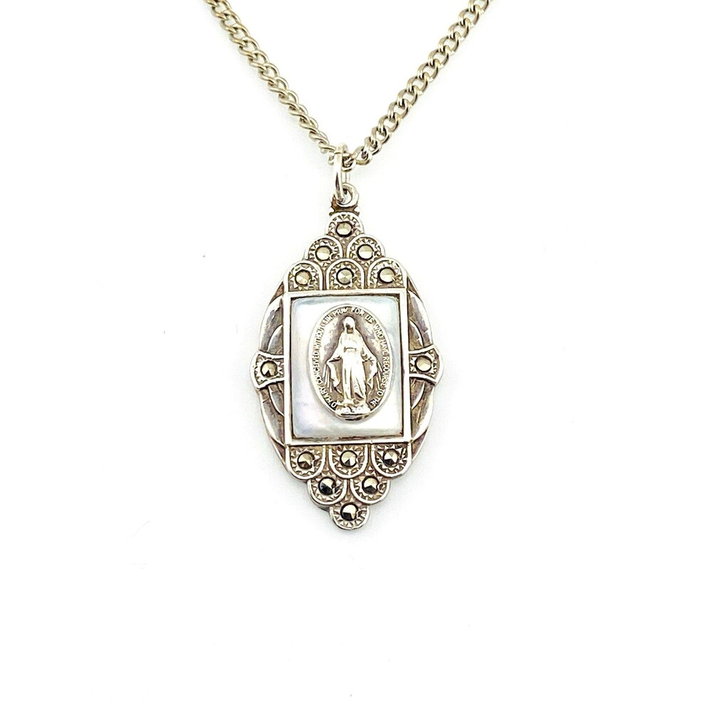 Creed Sterling Silver Our Lady Pendant Necklace Art Deco 15 In